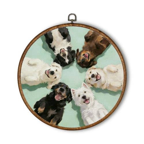 QWZDRHYJI Happy Smiling Dog Round Wall Art Decor, Cute Playful Group Puppy Dog Lover Framed Canvas Prints Wall Hanging for Home Living Room Office Kids Room Decorations, 10x10 Inch