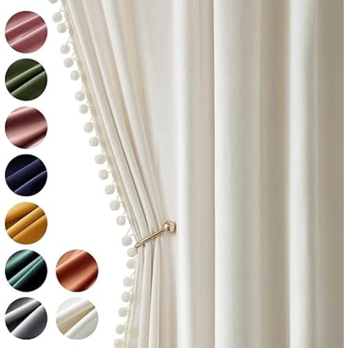 MIULEE Ivory Pom Pom Velvet Curtains for Bedroom/Living Room Darkening Thermal Insulating 84 Inches Long Creamy White Blackout Curtains with Rod Pocket for Girls Room/Nursery/Home Theater Set of 2