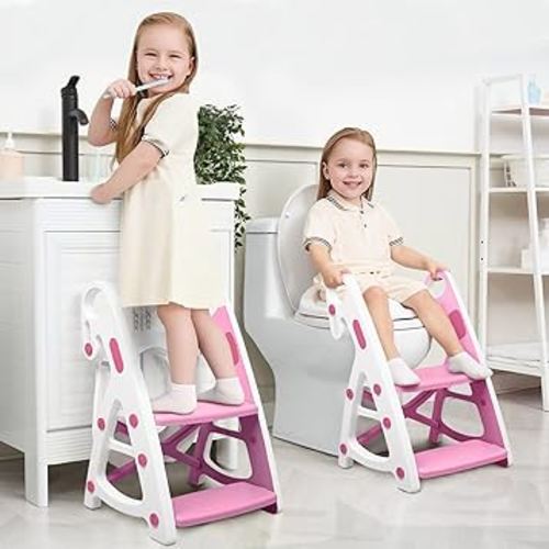 Primlect Potty Training Seat, 2-in-1 Toddler Toilet Seat with Step Stool, Ultra-Stable Potty Chair Attachment, Adjustable Seat and Step Ladder, Non-Slip Design, Splash Guard for Boys and Girls(Pink)