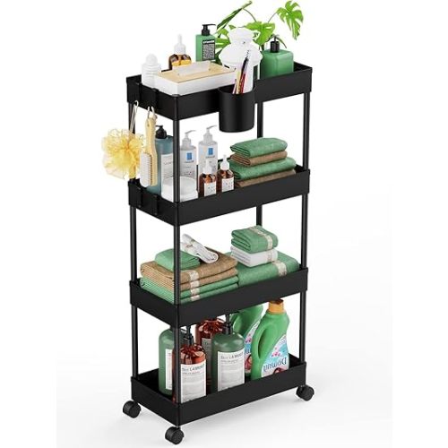 LEHOM Slim Rolling Storage Cart - 4 Tiers Bathroom Organizer Utility Cart Slide Out Storage Shelves Mobile Shelving Unit for Kitchen, Bedroom, Office, Laundry Room, Small Narrow Spaces（7.1" W+Black）