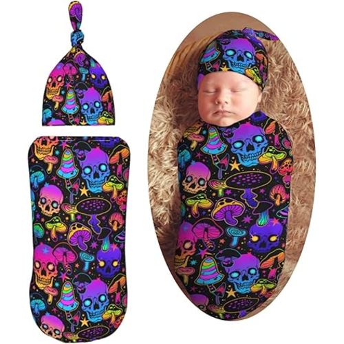 Mushrooms and Skulls Newborn Swaddle Blanket with Beanie Set Soft Baby Sleep Sack Stretch Adjustable Swaddle Wraps Receiving Blankets