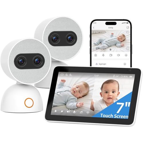 Simsky Split Screen Video Baby Monitor with 2 Cameras, Dual 4MP Cameras with 6X Zoom, 7" UHD Touch Screen Portable Audio Baby Monitor, App Remote Access 32GB Local Storage