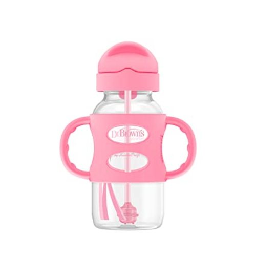 Dr. Brown's Milestones Wide-Neck Sippy Straw Bottle with 100% Silicone Handles and Weighted Straw, 9 oz/270 mL, Pink, 6m+