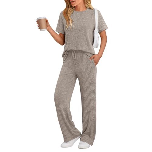 LILLUSORY 2 Piece Lounge Sets for Women Summer Vacation Outfits Matching Casual Wide Leg Pants Sets Ribbed Knit Pajamas 2025