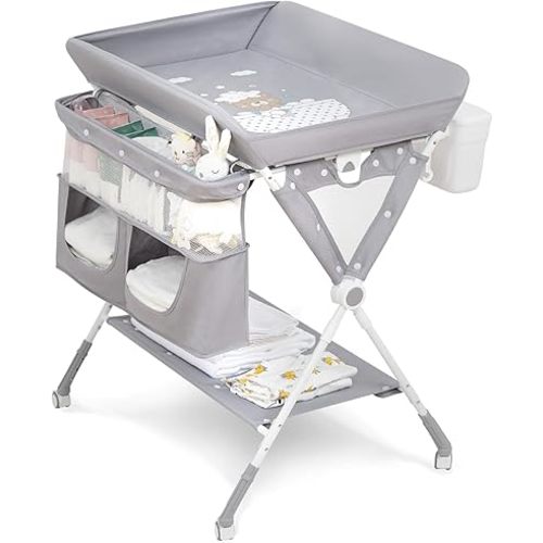 Portable Baby Changing Table, Foldable Diaper Change Table with Wheels, Adjustable Height, Cleaning Bucket, Changing Station for Infant Mobile Nursery Organizer for Newborn (Mint Grey)