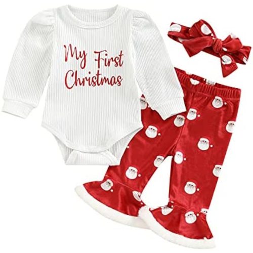 Baby Girl My 1st Christmas Outfits Letter Long Sleeve Romper Tops+Bell Bottom Pants+Headband 3 Pcs Clothes Set