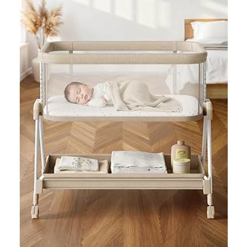 Fodoss Baby Bassinets Bedside Sleeper - Bed Side Bassinet Newborn with Wheels, Storage Tray, 4-Sided Mesh, 7 Height Adjustable, Beige