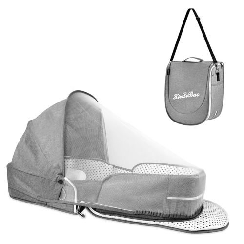 Portable Bassinet for Baby Travel Lounger Foldable Baby Co-Sleeping Bed with Mosquito net + Cool mat Carry Bag & Storage Pocket (Gray)