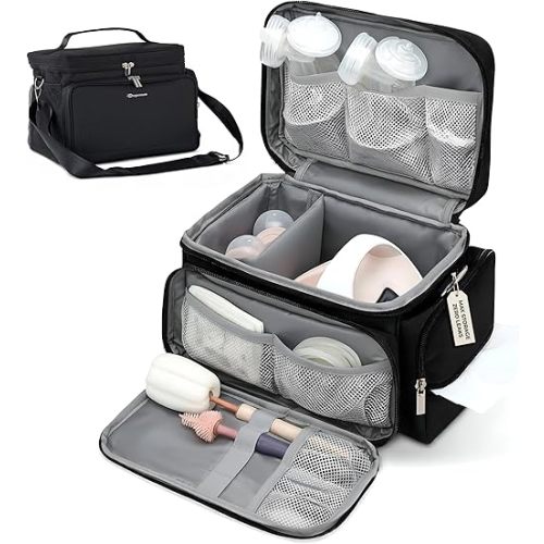 Insulated Pump Bag for Spectra S1 S2, Wearable Breast Pump Bags with Milk Pack, Pumping Bag with Waterproof Mat for Pump Accessories, Bottle Bags for Travel and Family, Black
