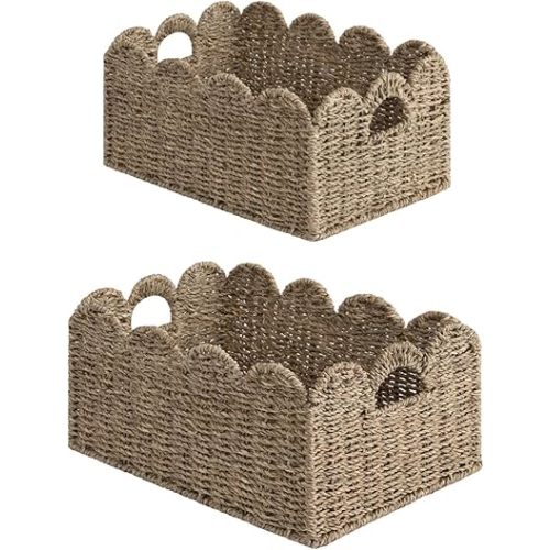 StorageWorks Scalloped Edge Wicker Basket, Scalloped Woven Basket for Organizing, Nursery Basket with Built-in Handles, Storage Basket for Décor, Seagrass Wicker Basket for Shelves, Set of 2