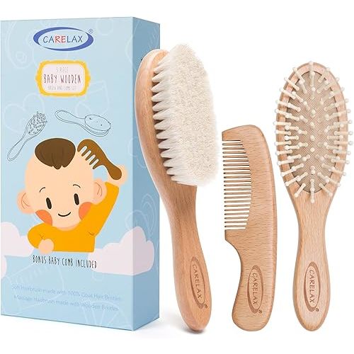 Baby Hair Brush & Comb Set, Organic Wooden Hairbrush Natural Goat Bristles 3-Piece for Newborns & Toddlers, Ideal for Cradle Cap & Itching, Perfect Shower and Registry Gift for Infant, Toddler, Kids