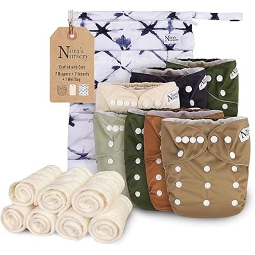 Nora's Nursery Cloth Diapers for Babies (Down to Earth) – 7 Adjustable Baby Reusable Diapers, 7 Inserts & 1 Wet Bag From Newborns to Toddlers – One-Size Pocket No-Leak, Washable Design to Reduce Waste