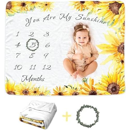 Sunflower Baby Monthly Blanket for Girls, Newborn Yellow Floral Month Blanket, Soft Flannel Photography Background Prop Blanket, Personalized Shower Gift (Sunflower)