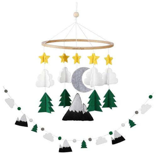 Baby Crib Mobile (Starry Woodland Night w/Garland) - Baby Shower Gift Nursery Decoration for Boys & Girls