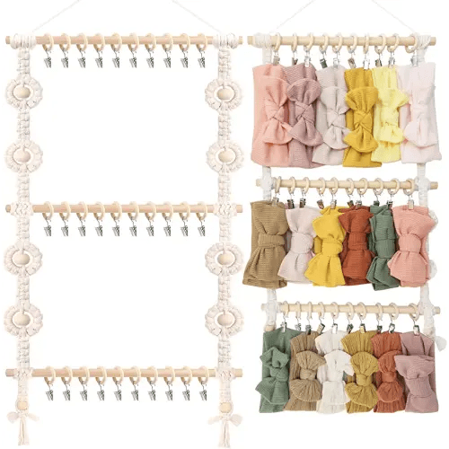 POVETIRE Baby Headband Holder, Hair Bows and Accessories Storage Organizer, Wall Hanging Decor for Nursery Toddler Girls Room (Beige-1)