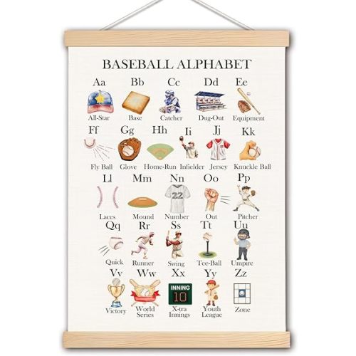 pouep Baseball Alphabet Nursery Wall Art Poster, Baseball Room Decor for Boys, Sports ABC Alphabet Educational Canvas Prints Wall Decor for Kids Boys Bedroom Dorm Nursery, 12x16 Inches