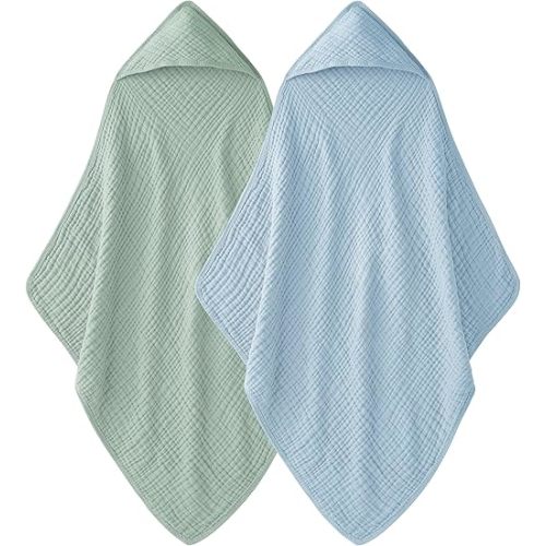 Hooded Baby Towels for Newborn - 2 Pack, 100% Muslin Cotton, Baby Bath Towels with Hood, Soft and Absorbent for Boys, Girls Infant, Toddler and Kids, Large 32x32 Inches, Newborn Essential