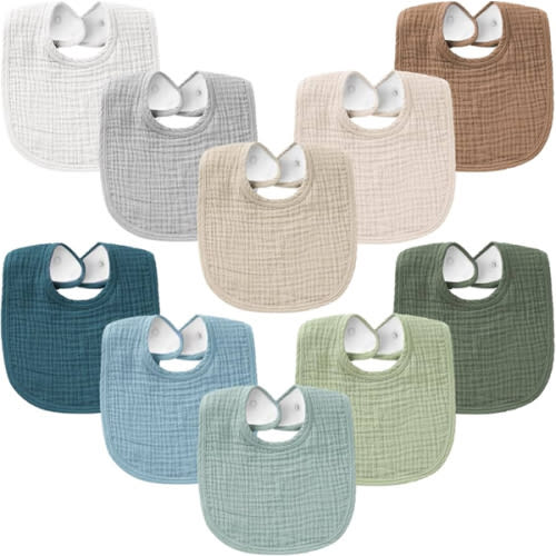 Konssy 10-Pack Muslin Baby Bibs, Soft Cotton Bandana Bibs for Drooling & Teething, Unisex Solid Colors for Boys & Girls, Newborn & Infant