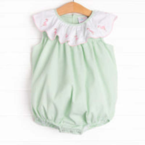 Flamingo Flock Embroidered Bubble, Green Seersucker – Stitchy Fish