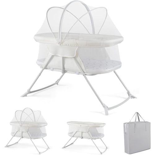 BABY JOY 2 in 1 Bassinet, Foldable Bedside Crib with Breathable Mesh, Comfortable Mattress, Zippered Net Canopy & Portable Bag, Bassinet Bedside Sleeper for Baby, Infant & Newborn (Beige)
