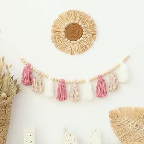 Boho Yarn Tassel Garland Pink Banner with Wood Beads Wall Hanging for Baby Shower Kids Bedroom Nursey Decor