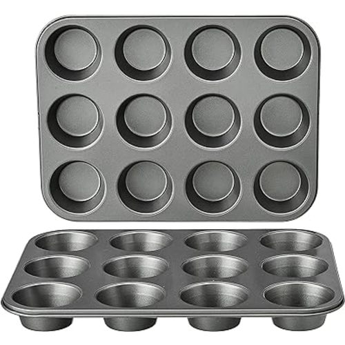 Amazon Basics Nonstick Round Muffin Baking Pan, 12 Cups, Set of 2, Gray, 13.9x10.55x1.22"