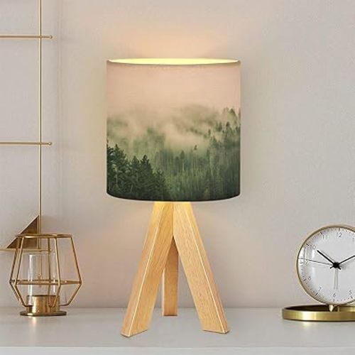 Tripod Table Lamp clouds mountain Forest Mountain Landscape Scenery Nature Tree Cloud Modern Bedside Dimmable Desk lamp Wooden Base Fabric Lampshade for Kids Room, Nursery, Bedroom, Living Room