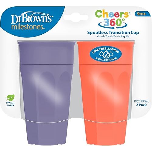 Dr. Brown's Milestones Cheers 360 Training Cup for Toddlers & Babies, Leak-Free Sippy Cup, Purple/Coral, 10oz/300mL, 9m+, 2 Pack