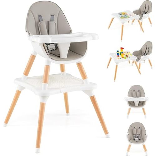 HONEY JOY Baby High Chair, 6-in-1 Convertible Wooden Highchair for Babies and Toddlers/Table Set/Toddler Chair with Safety Harness, 4-Position Removable Feeding Tray (Gray)