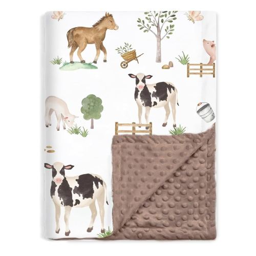 BOPRIO Baby Blankets for Boys Girls, Soft Lightweight Nursery Minky Blankets with Double Layer Dotted Backing for Infant Toddler Nursery Crib with Cute Farm Animals Design 30 x 40 Inch