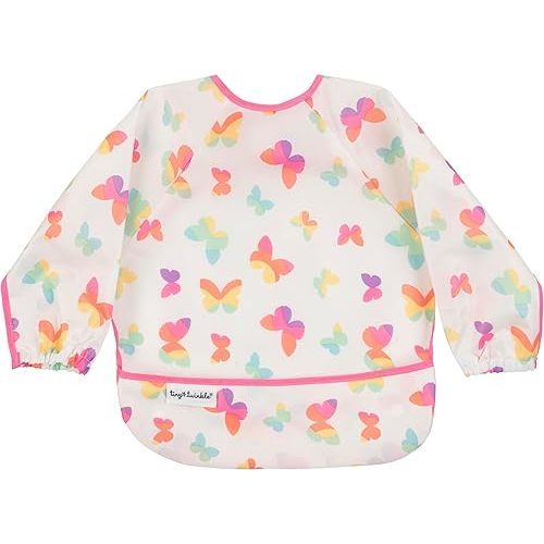 Tiny Twinkle Mess Proof Baby Bib|Waterproof Smock Bib for Eating,Machine Washable Full Sleeve with Pocket(Butterflies, Small 6-24 Months)