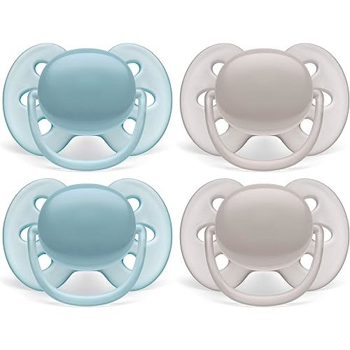Philips AVENT Ultra Soft Pacifier, 6-18 months, Blue and Grey, 4 Pack, SCF211/40