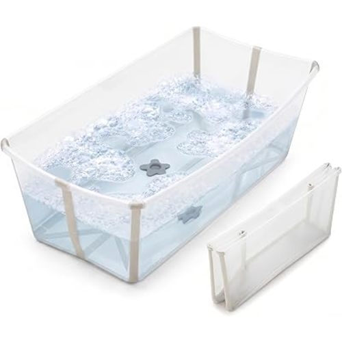 Stokke Flexi Bath X-Large Baby Bathtub, Sandy Beige - 31.5 x 15.7 x 9.4 in - Best for Infants & Toddlers - Lightweight, Foldable & Easy to Store - Convenient to Use at Home or Traveling