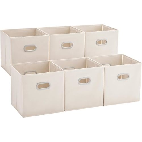 MAX Houser 6 Pack Foldable Fabric Storage Bins with Handles - Ideal for Closet Organization, Bedroom and Nursery( Beige, 12"x12"x12")