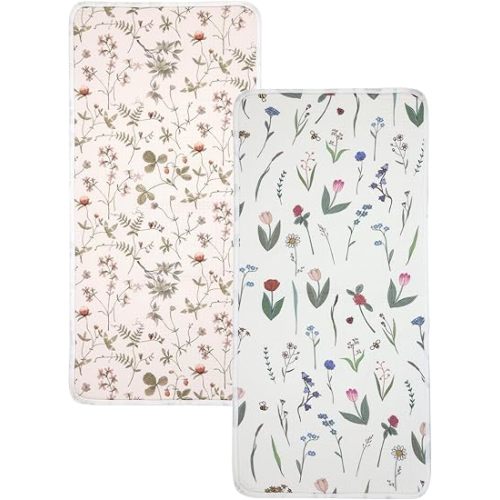 haakaa Waterproof Changing Pad Liners, Portable Baby Changing Pad Cover, Diaper Changing Mat Reusable, 100% Cotton, Ultra Soft Breathable, Honey Blossom+Vintage Garden (2pcs, 13" x 27.5")