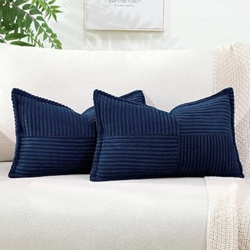OTOSTAR Set of 2 Corduroy Throw Pillow Covers with Splicing Super Soft Boho Striped Pillow Covers Broadside Decorative Textured Throw Pillows for Couch Sofa Bed Living Room 12x20 Inch, Navy Blue