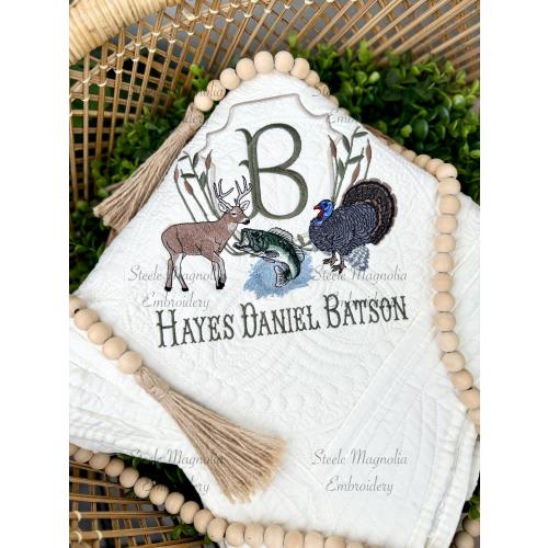Hunting Nursery Decor Fishing Baby Blanket Deer Hunting Nursery Turkey Custom Heirloom Quilt Embroidered Personalized Fish Baby Shower Gift
