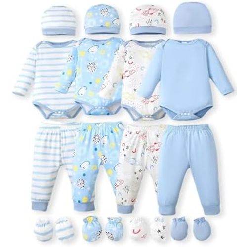 NZRVAWS Newborn Baby Boy Girl Clothes Unisex Infant Romper Pants Set Hat 4-Pack Outfits 0-12 Months 16 Pieces Toddler