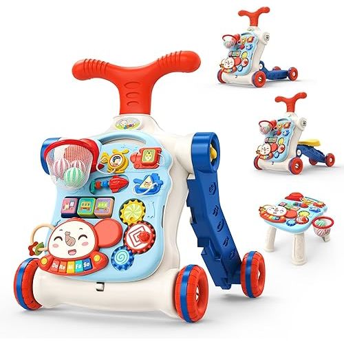 CUTE STONE 5 in 1 Walker for Baby Boy, Sit to Stand Push Walker with Activity Center Learning to Walk, Early Push Walking Toys Gift for Toddler Infant Blue