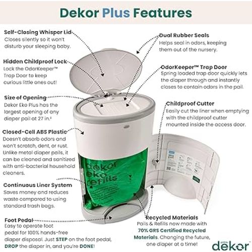 Diaper Dekor Plus Hands-Free Diaper Pail | Largest & Easiest to Use | Just Step–Drop–Done | Doesn’t Absorb Odors | Quick Bag Change | Great for Cloth Diapers | 70% Recycled Materials | EKO White