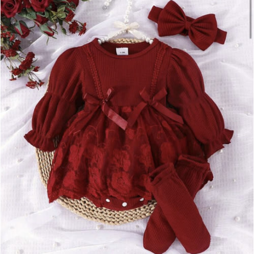 1 Set Baby Girl Elegant & Luxurious Long Sleeve Mesh Contrast Romper + Headband + Socks, Autumn/Winter