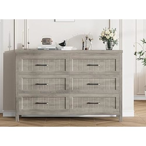6 Drawer Dresser for Bedroom - Farmhouse 47" Wide Chest of Dresser with Metal Handle, Large Storage Rustic Wood Construction for Living Room, Hallway, Entryway - Gray