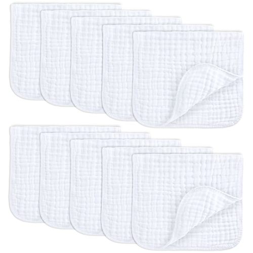 Comfy Cubs Muslin Burp Cloths 20" x 10", Pack of 10 - Large, 6-Layer, Ultra Absorbent 100% Cotton for Baby Drool and Messes - Soft, Safe & Gentle Baby Burp Cloths for Boys & Girls - White