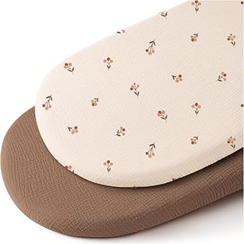 Konssy Muslin Bassinet Sheets for Baby Girl Boy, 2 Pack Soft Breathable Baby Bassinet Mattress Sheets Fit for Hourglass Oval Cradle, Moses Basket Rectangle Mattress (Brown,Berry)