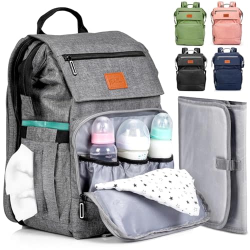 PILLANI Baby Diaper Bag Backpack - Baby Bag for Boys & Girls, Diaper Backpack - Large Travel Diaper Bags w/Changing Pad - Baby Registry Search & Shower Gifts Newborn Essentials & Items for Mom, Gray