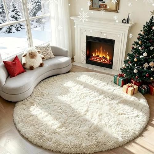 PAGISOFE Cream White Round Rugs 5Ft, Fluffy Shaggy Ivory Carpets, Rugs for Girls Boys Baby Kids Bedroom, Indoor Furry Comfy Teepee Mats, Circular Rug for Reading Area Nursery Room Decor Aesthetic