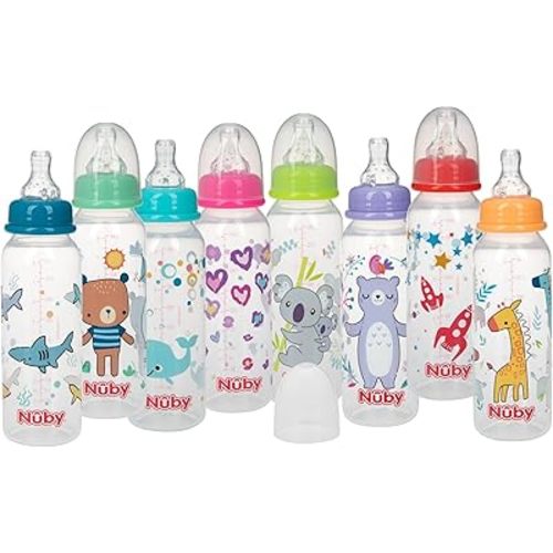 Nuby Printed Non-Drip Bottle, 1 Pack of 1 Bottle, 8 Ounce, Colors May Vary