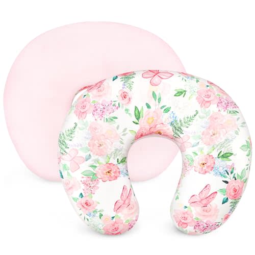CARUILI Nursing Pillow Cover, Minky Removable Nursing Pillow Cover for Breastfeeding Pillows, Super Soft Comfortable Slipcover for Boy and Girls, Floral (Pink)