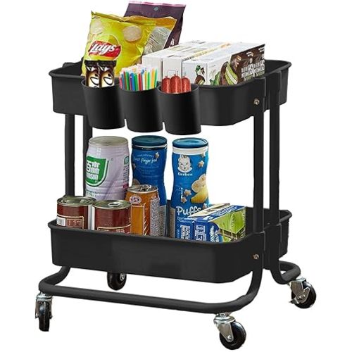 Melody House 2-Tier Utility Rolling Cart Storage Sofa Side Table with Wheels, Mobile Trolley Organizer with for Office Home Kitchen Organization, Black