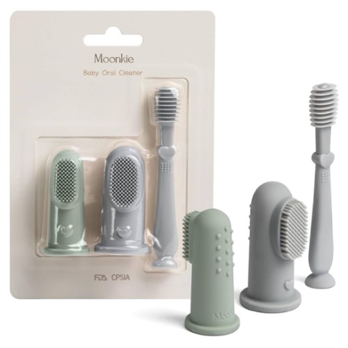 Moonkie Baby Finger Toothbrush Tongue Oral Cleaner Kit for 3 Months +, 3 Pcs (Blue/Mint/Blue)